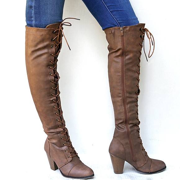 New Tan Over the Knee Combat Lace Up Heel Boots - Picture 5 of 6